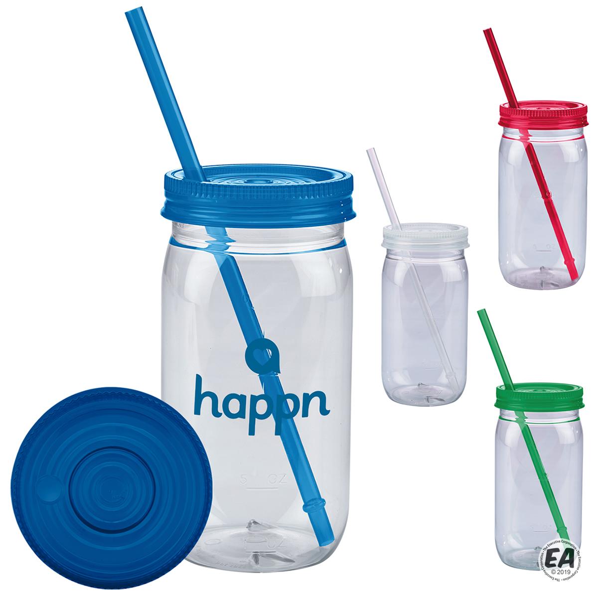 Customized 20 oz. Plastic Mason Jar with Lid & Straw Promotional Mason Jars Branded 20 oz